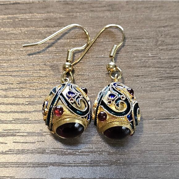 Lermentov Onyx & Gold Faberge Egg Earrings with Cabochon Garnets - Picture 1 of 6